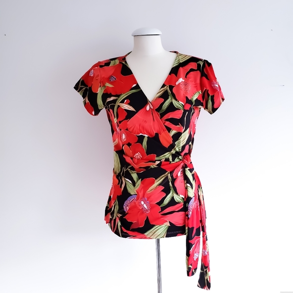 George Hawaiin Hibiscus Floral Wrap Blouse - Picture 1 of 6